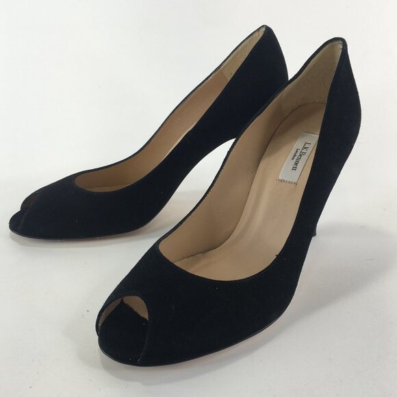L.K. Bennett Black Suede Peep Toe Heels Size 39.5 - Picture 2 of 10